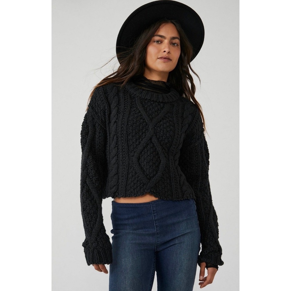 Free‎ People Cutting Edge Cable Pullover Black Sweater Size XS Chunky Cropped